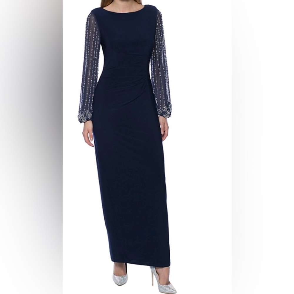 Elegant Navy Blue Dress with Beaded Sleeves